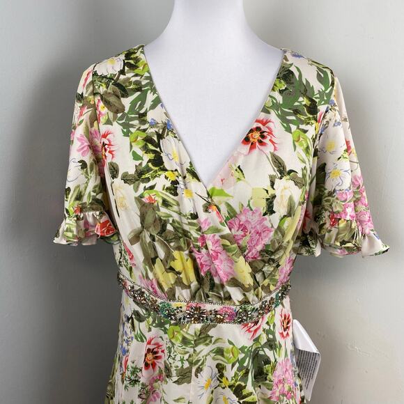 Mac Duggal Floral Print Faux Wrap Flutter Sleeve A Line Gown Floral SIze 12 9079 - Picture 8 of 14